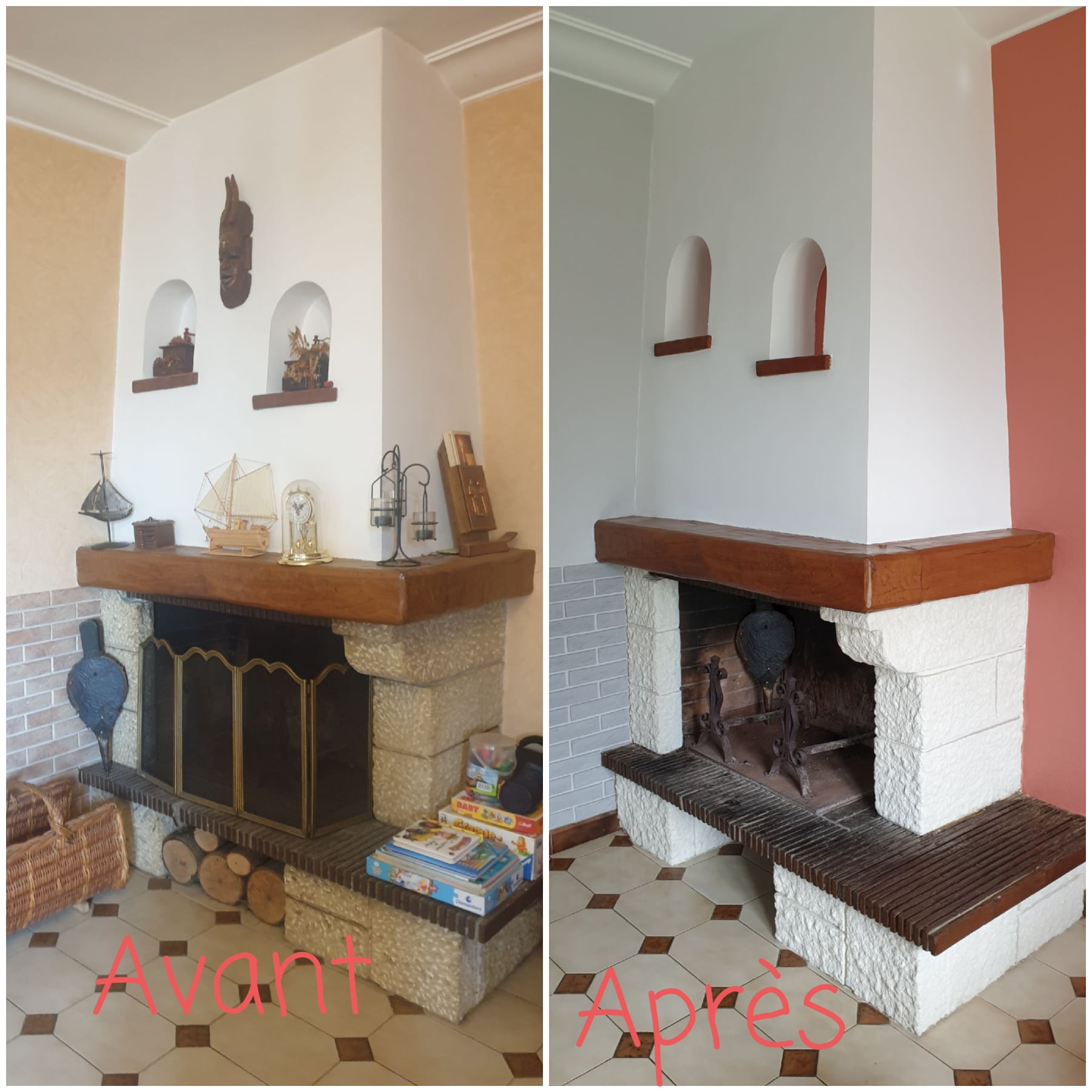 Cheminée avant et après rénovation avec mise à jour du manteau et des carreaux pour un look contemporain.